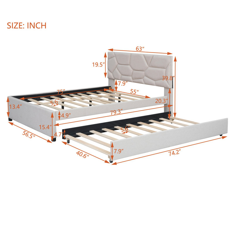 Lit plateforme tapissier avec lit gigogne, Beige, Double
