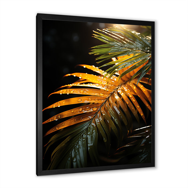 «Sunset Tropical Palm Tree Leaves III», reproduction sur toile, Cadre noir, H 32 po x l 24 po x P 1 po
