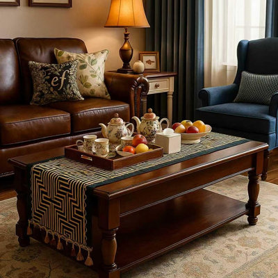 Chemin de table - noir avec rayures dorées, blanches et vertes - Design rétro luxueux avec pampilles pour la salle à manger, le café, la coiffeuse et la décoration des fêtes