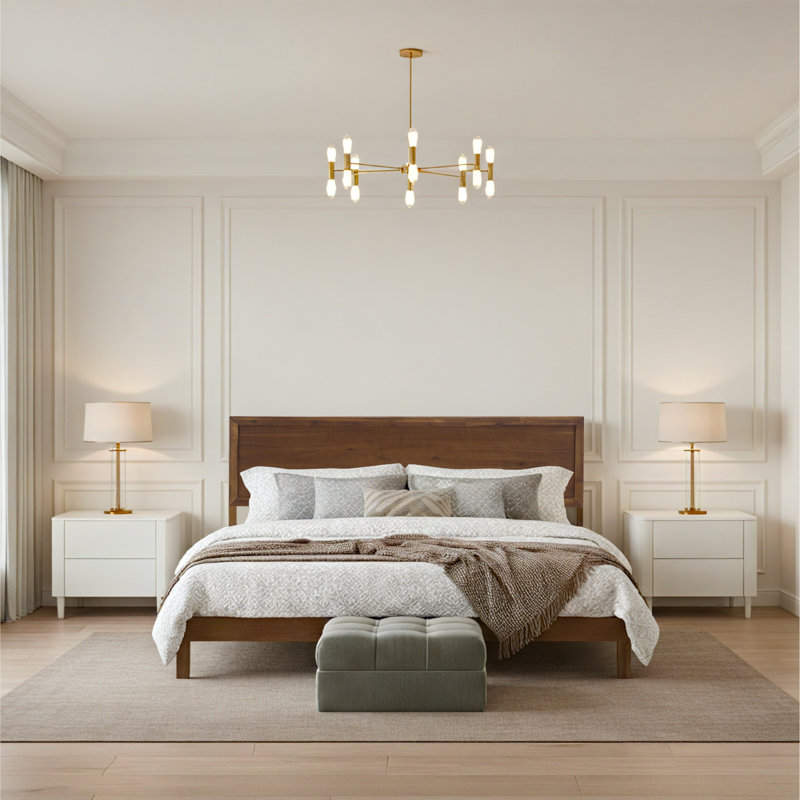 Lit plateforme minimaliste en bois massif avec tête de lit haute, fabrication robuste, Grand lit