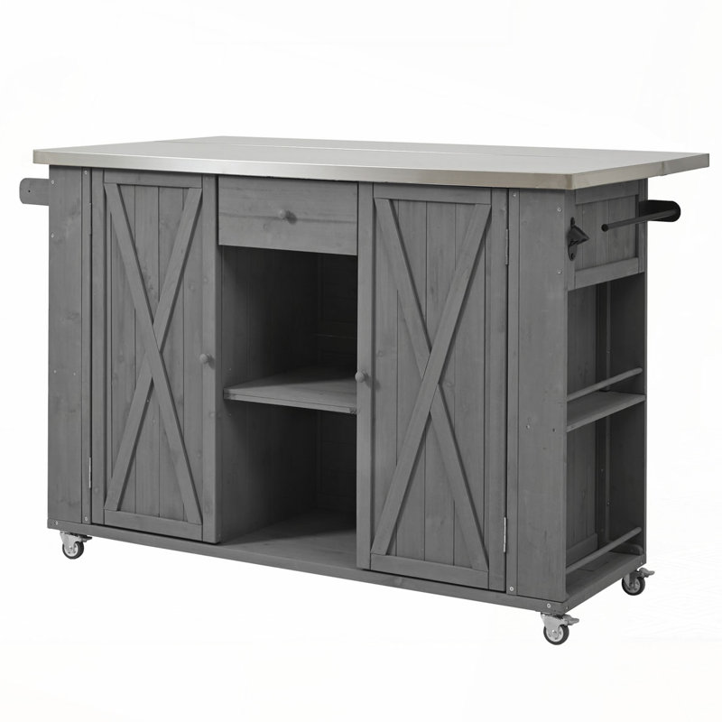 Outdoor Kitchen Island Fir Wood Kitchen Island with Stainless Steel Top, Gray
