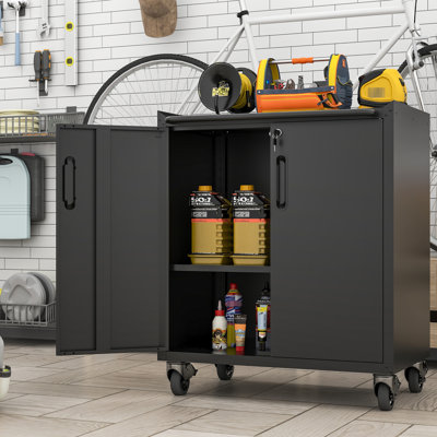 Metal Garage Storage Unit With Wheels - Versatile For Garage, Office, Home. Adjustable Shelf Options, Lockable Easy Transport, Raised Top To Keep Items Secure, Box. Black Steel. 29.06"W X 16.27"D