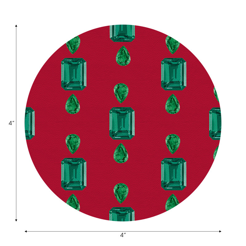 Gem Emeralds Gold Vegan Leather Round Coasters, Red
