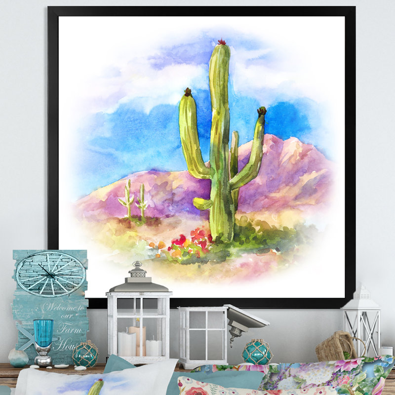 Cactus carnegiea dans le dessert - on, Toile avec cadre noir, H 16 po x l 16 po x P 1 po