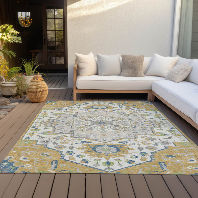 Lidia Gold Washable Indoor-Outdoor Rug - , 5' x 7'6"