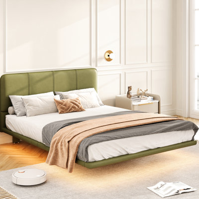 Full Size Floating Platform Bed With Led , Pu Leather, Stable And , Quick Setup