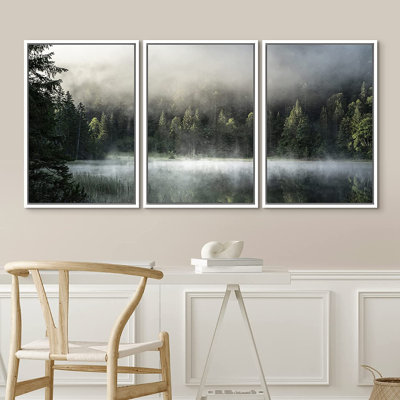 IDEA4WALL Framed Canvas Print Wall Art Set Misty Fog Pine Tree Forest Landscape Nature Wilderness Photography YUK25