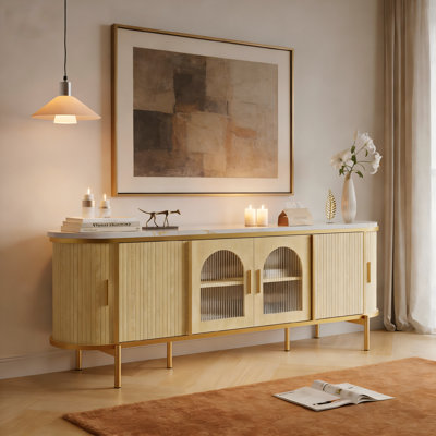 70" Mid-Century Modern TV Stand for TVs up to 75",Japandi Fluted Media Console with Reeded Glass Sliding Doors and Adjustable Shelves, Oak Sideboard with Metal Legs