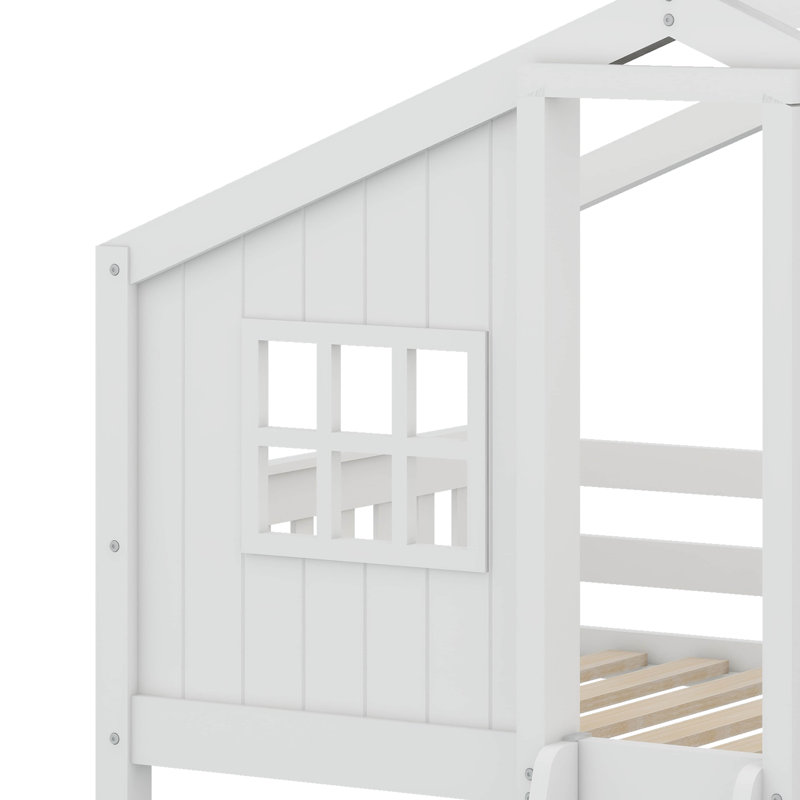 Twin Over Twin House Bunk Bed With Ladder, White