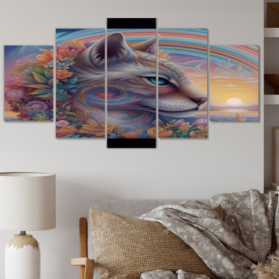 Glorious Cat With Rainbows Flower At Sunset III - Animals Cat Canvas Wall Art - 5 Panels