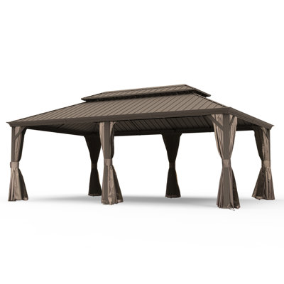 14' X 24' Hardtop Gazebo, Upgraded Metal Gazebo With Drainage System, Dual-Layer Galvanized Steel Roof, Curtain And Netting, Outdoor Shelter Canopy For Patio, Garden, And Backyard, Brown