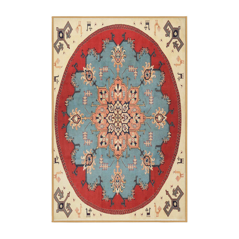 Tapis traditionnel rouge / bleu / beige Freja, Rectangle 5 pi x 7 pi