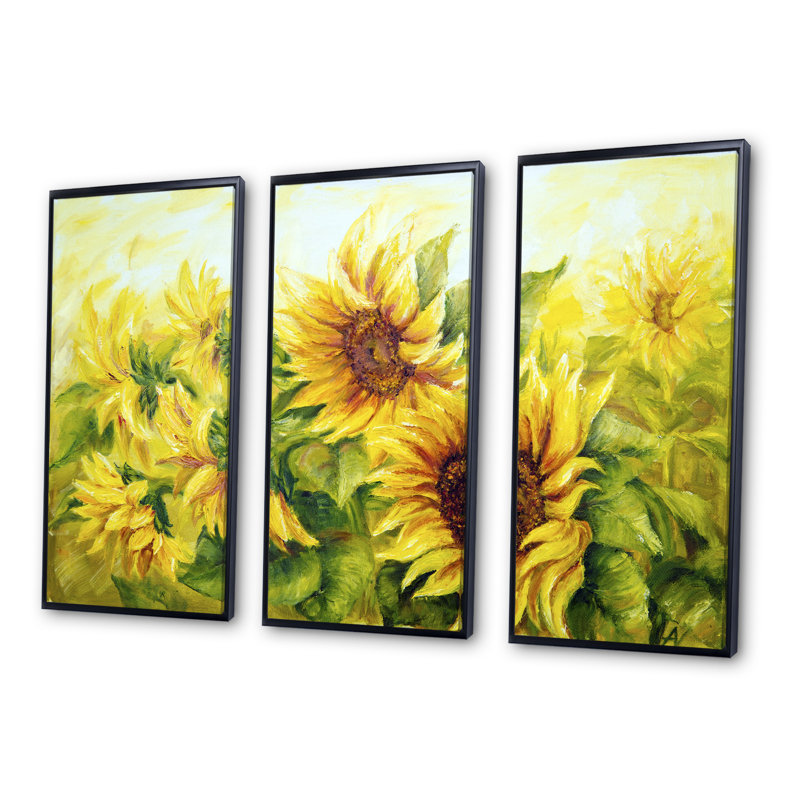«Bright Yellow Sunny Sunflowers», ensemble de 3 toiles encadrées florales, H 28 po x l 36 po x P 1 po, Noir