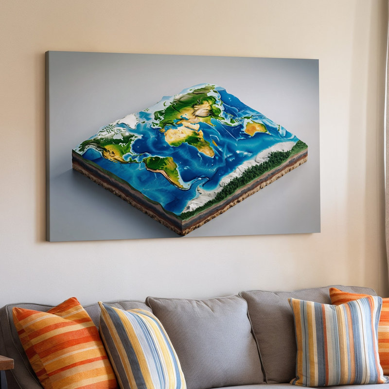 Toile, carte topographique tridimensionnelle très détaillée du monde, avec des couleurs vives qui représentent diverses