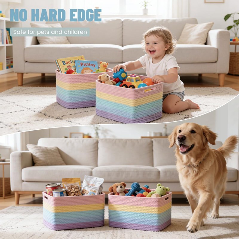 Paquet de 5 paniers de rangement tissés arc-en-ciel pour tablettes, organisateur de paniers jouets décoratifs pour chambre d'enfant