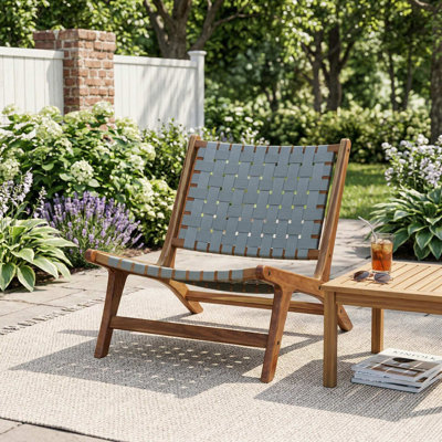 Mid Century Outdoor Patio Teak Wood Accent Chair With Durable Nylon Webbing Seat For Backyard Porch Deck Relaxation Use