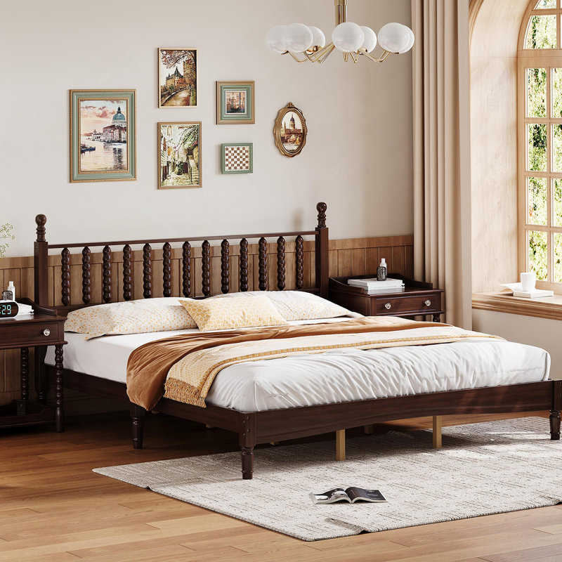 Lit plateforme très grand en bois avec tête de lit en forme de gourde, lit plateforme de style rétro avec support en lattes de bois