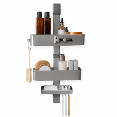 Étagère de douche, tablettes réglables, crochets magnétiques, acier avec finition EDP et revêtement en poudre, tablettes réglables, plateaux amovibles compatibles lave-vaisselle, crochets magnétiques, fixation adhésive, (Graphite)