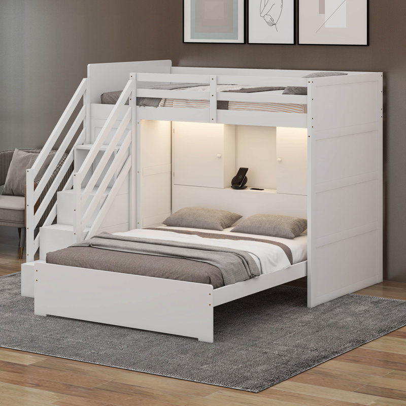 Twin Over Full Bunk Bed With Charging Station And LED Lights, Solid Wood Bunk Bed With Shelves,Stairs And Wardrobe, White