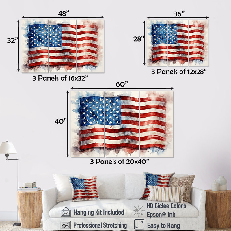 Aquarelle, drapeau américain II - drapeau, art mural américain, Toile tendue, H 28 po x l 36 po x P 1 po