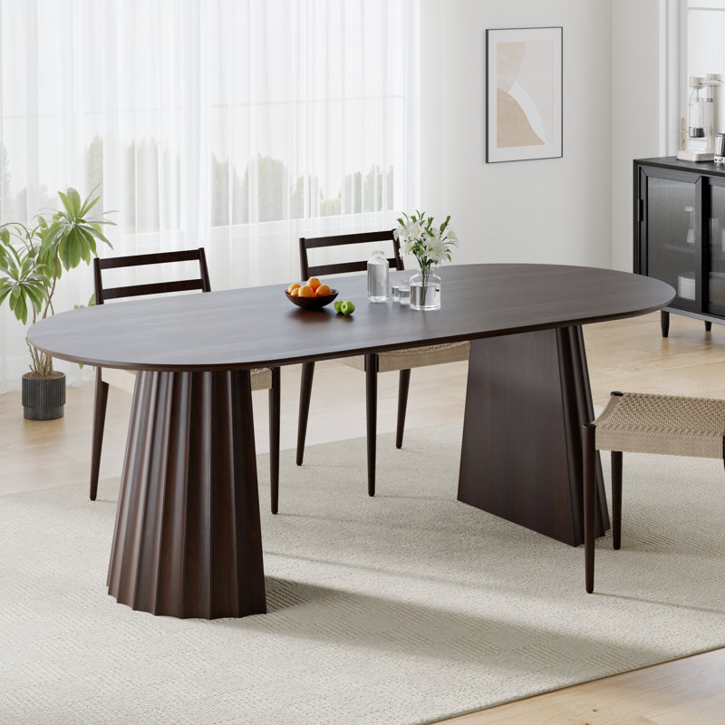 79" Oval Dining Table Duble Pedestal Dining Table Seats 6 Solid Wood Kitchen Table, Brown