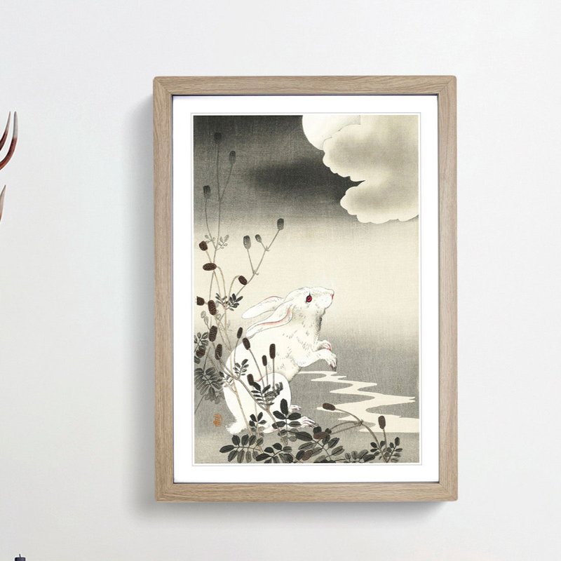 Rabbit at Full Moon by Ohara Koson - Picture Frame Painting Print on MDF, Oak Framed, 36cm H x 27cm W x 2cm D