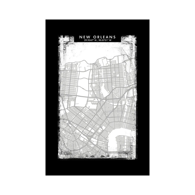 New Orleans City Map Black White Grey Style 1 Piece Wall Art on Canvas, 101.6cm H x 66.04cm W