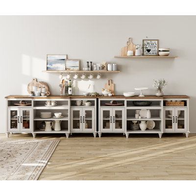 White Buffet Cabinet With 4 Glass Doors Set Of 2, Large Coffee Bar Tables  With 9 Storages, Modern Farmhouse Sideboard Credenza For Dining Room, Antique White, 140 Inch