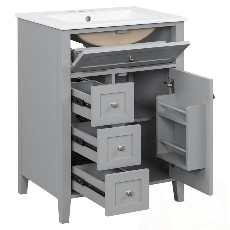 Meuble-lavabo avec lavabo, 3 tiroirs, 1 armoire et tablette réglable, Gris