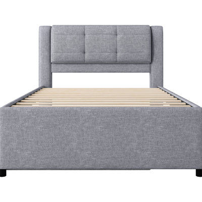 Full Trundle Bed With Grey Linen Upholstery - Stable Construction Practical Trundle. Solid Wood Construction. No Box Spring Required. Easy Assembly