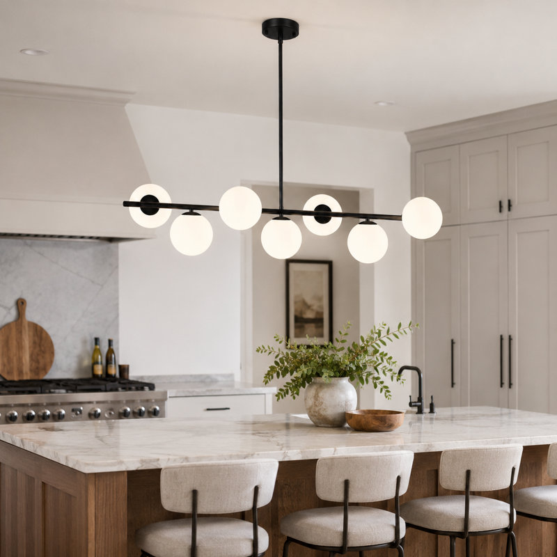 Kason Modern 7-Lights linear globe chandelier, White, Black