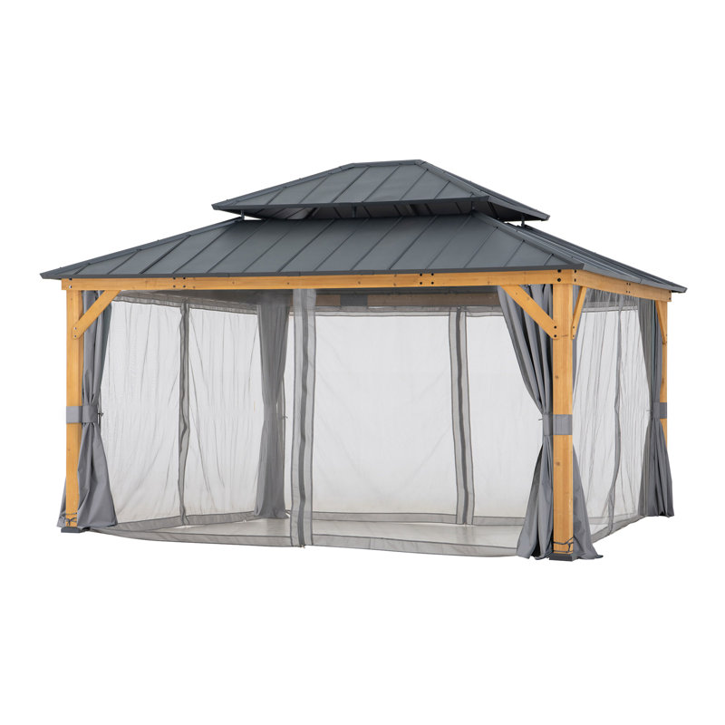 Sunjoy 3.9m x 4.5m Hardtop Cedar Wooden Gazebo with 2-Tier Top, Anthracite Frame - Outdoor Garden Oasis with Curtain & Netting