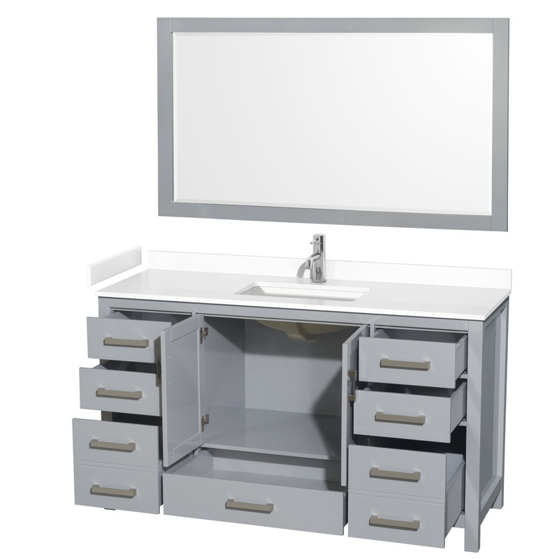 Sheffield 60" Bathroom Vanity Set with 58" Mirror, White Cultured Marble, Gray