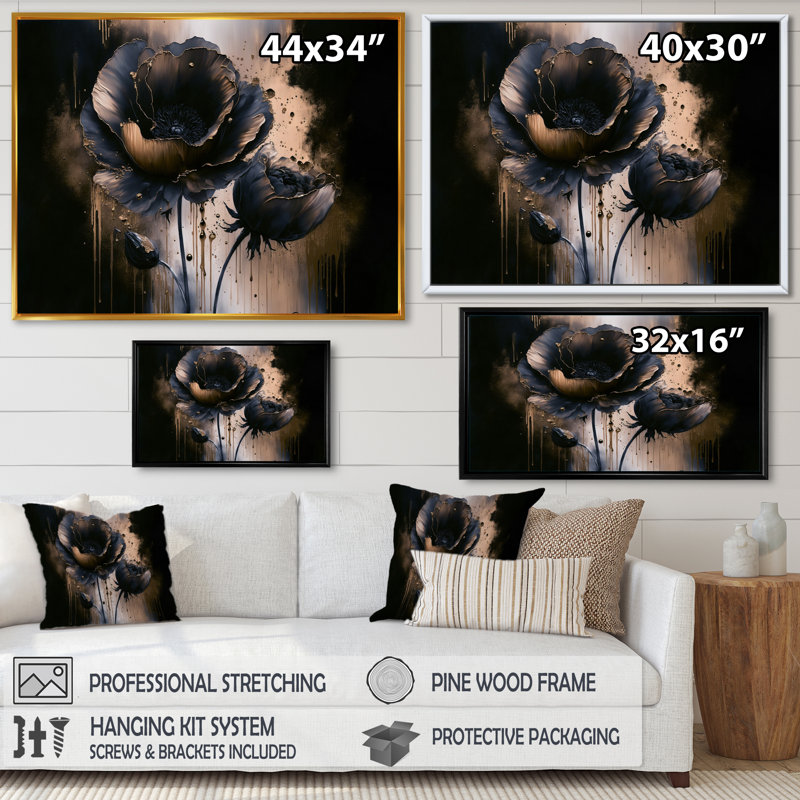 «Black and Gold Popy Flowers I» - reproduction sur toile, H 30 po x l 40 po x P 1,5 po, Cadre flottant noir