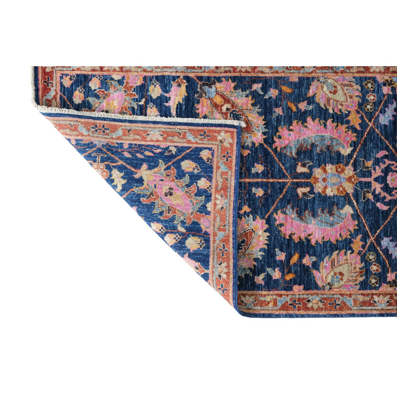 Hand Knotted Wool Area Rug in Navy And Rust