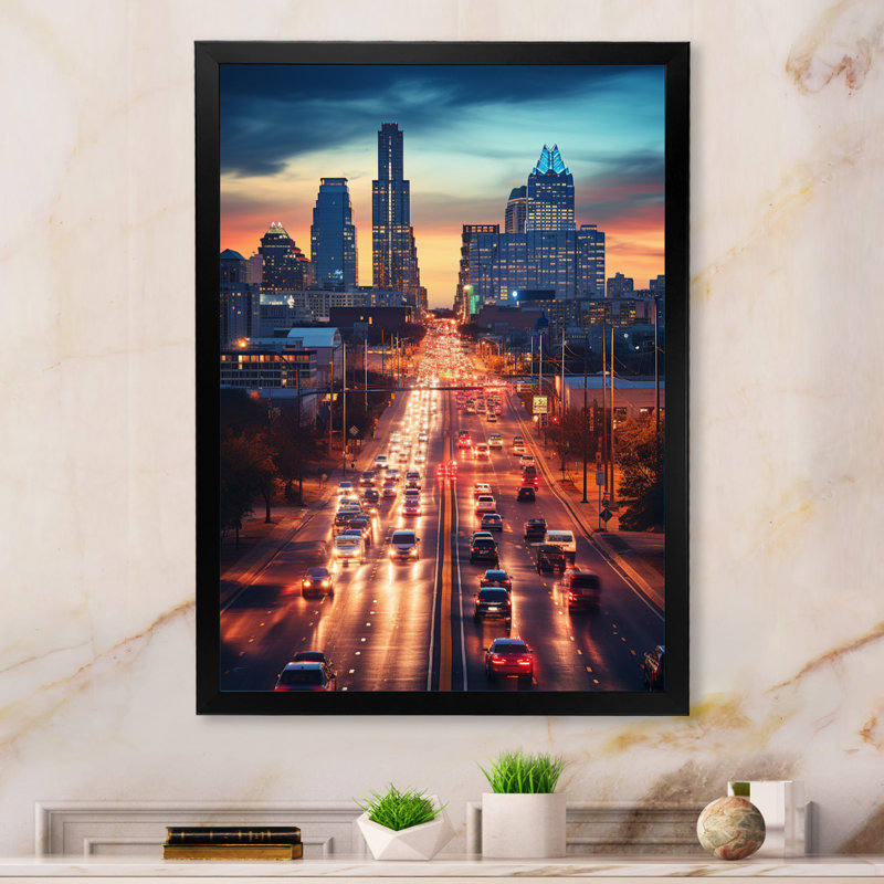 Austin Beautiful Cityscape Spot II - Cityscapes Wall Art Living Room, H 20 po x l 12 po x P 1 po, Cadre photo noir