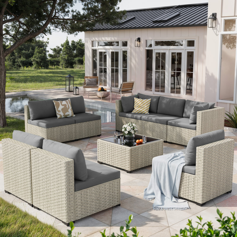 9 Pieces Design-Oriented Rattan Patio Conversation Sets With Cushions, Gray