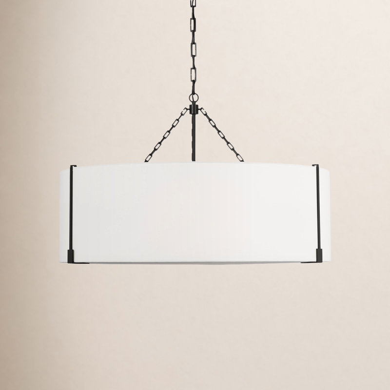 Thom Filicia Bergen 4 Light Dining Room Pendant With White Linen Shade, Aged Iron