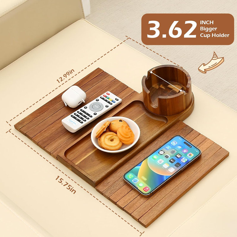 15.75" Acacia Wood Couch Armrest Table, 3 in 1 Foldable Sofa Clip on Side Table with 360° Phone Stand, 15.75"W x 13"D x 1"H