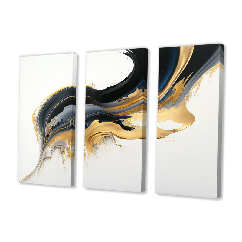 Donalynn noir, blanc et or liquide I - 3 pièces sur toile, H 28 po x l 36 po x P 1 po, Toile tendue