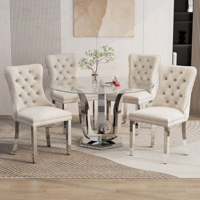 47.2" Modern Round Glass Dining Table Set for 4, Tempered Glass Dining Table with 4 Velvet Upholstered Chairs