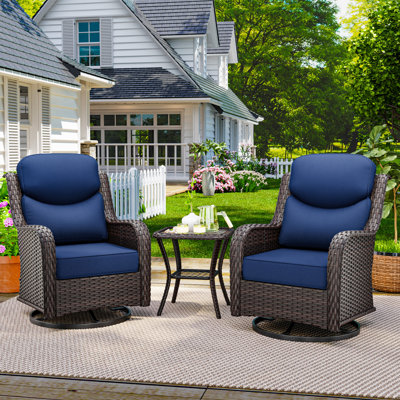 2-Person PE Wicker Outdoor Conversation Sets, 2 Swivel Chairs & 1 Side Table with Blue Cushions