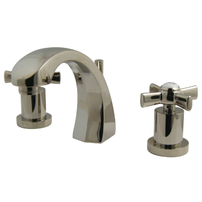 Kingston Brass Millennium Two-Handle 3-Hole Deck Mount Widespread Bathroom Faucet with Brass Pop-Up Drain, Polished Nickel