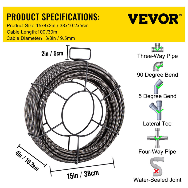 Drain Cleaning Cable 50 Feet X 1/2 Inch Solid Core Cable Sewer Cable Drain Auger Cable Cleaner Snake Clog Pipe Drain Cleaning Cable Sewer Drain Auger Snake Pipe