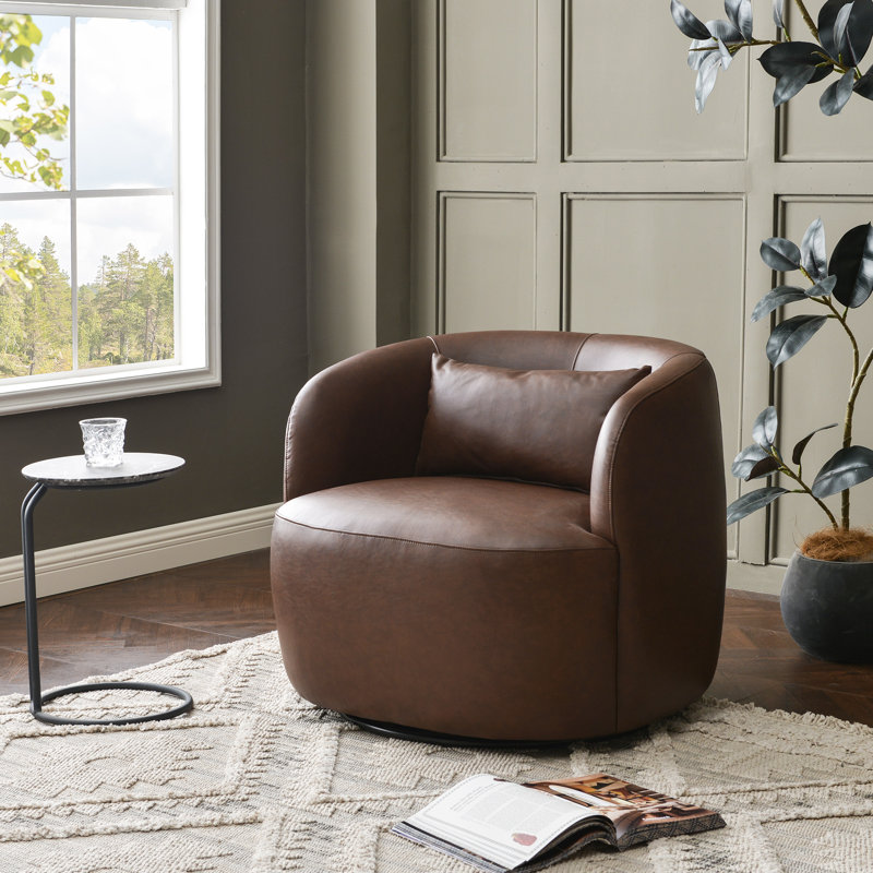Faux Leather Upholstered Swivel Armchair With Ottoman, Brown