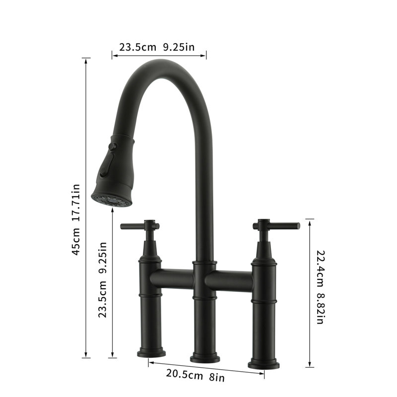 Robinet de cuisine noir avec bec rétractable, 3 trous et 2 poignées, acier inoxydable, céramique, aérosol de conception classique, noir, remplissage en céramique, look moderne