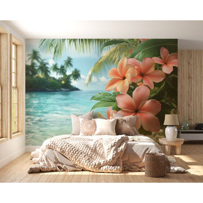 Papier peint plage tropicale avec fleurs d'hibiscus roses et vue sur l'océan