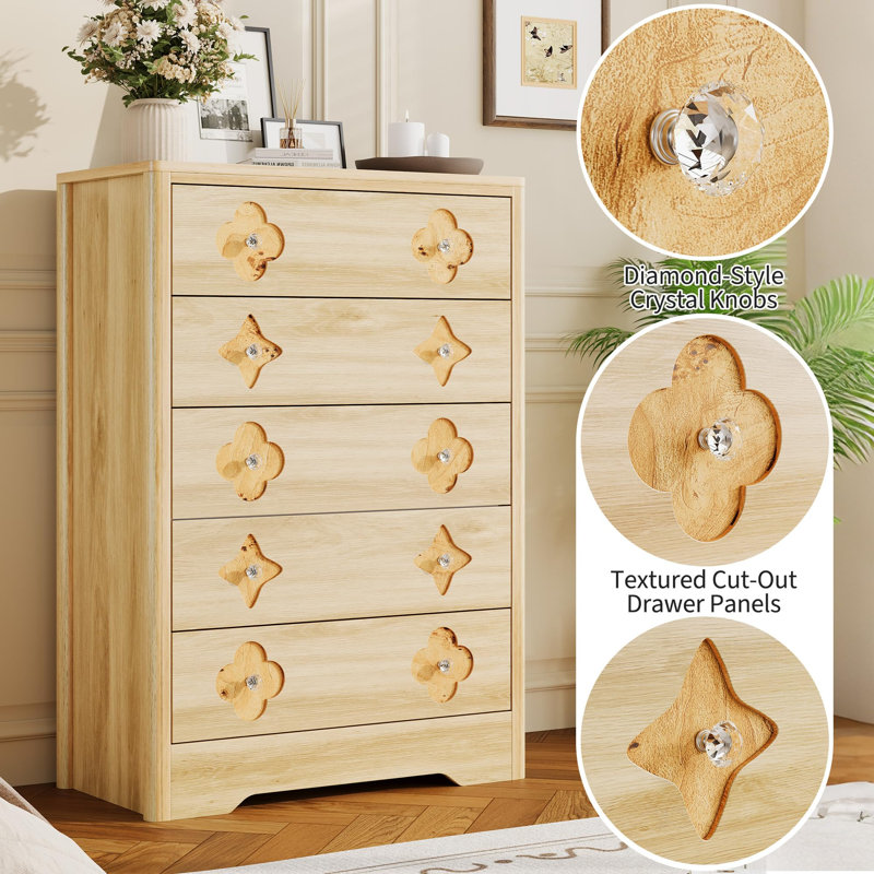 Drawer Tall Dresser for Bedroom, 45'' Boho Chest of Drawers, Wooden Chest with Clothes Storage Cabinet, Natural/5 draws