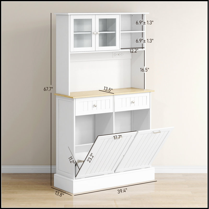 Armoire de cuisine autoportante avec station de charge, bacs à ordures inclinables et tablettes réglables pour les cuisines modernes