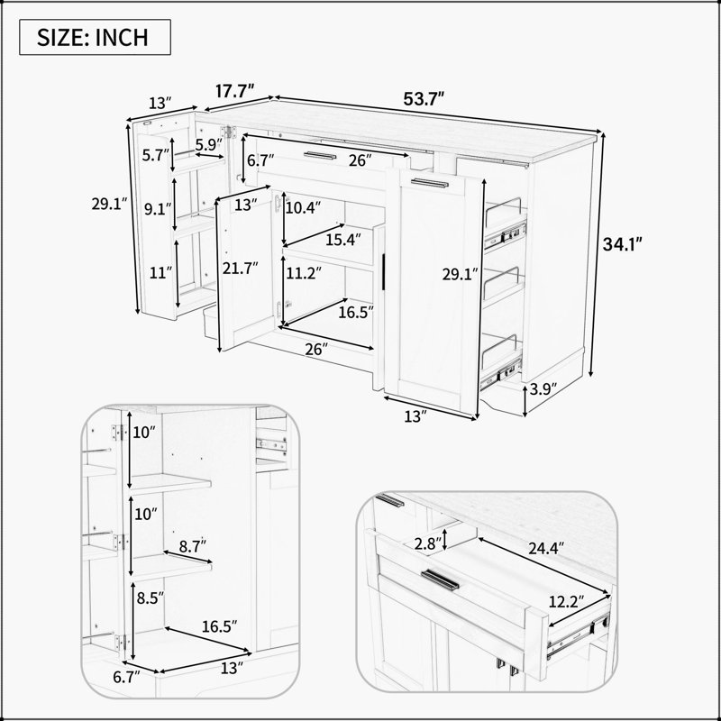 Buffet de rangement noir multifonctionnel avec table de salle à manger extensible, tablettes réglables et support coulissant à 3 niveaux - Rangement pratique pour îlot de cuisine